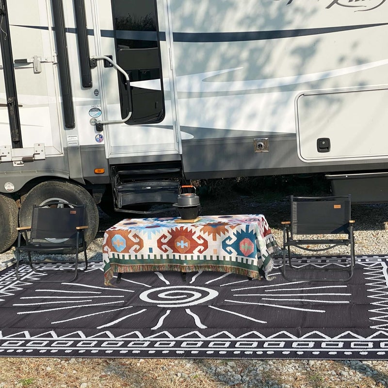 CircleRoad RV Outdoor Rug, 9' × 12' Plastic Straw Waterproof Rugs Lightweight Reversible RV Mat Outdoor Patio Rug with Storage Bag for Outside Camper Under Awning Backyard, Sun Print - Image 2
